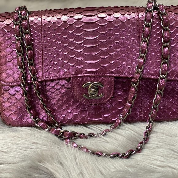 Small Purple Python Flap Bag, Silver Hardware